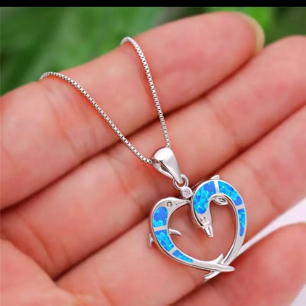 Dolphin Heart Sterling Silver Opal Necklace